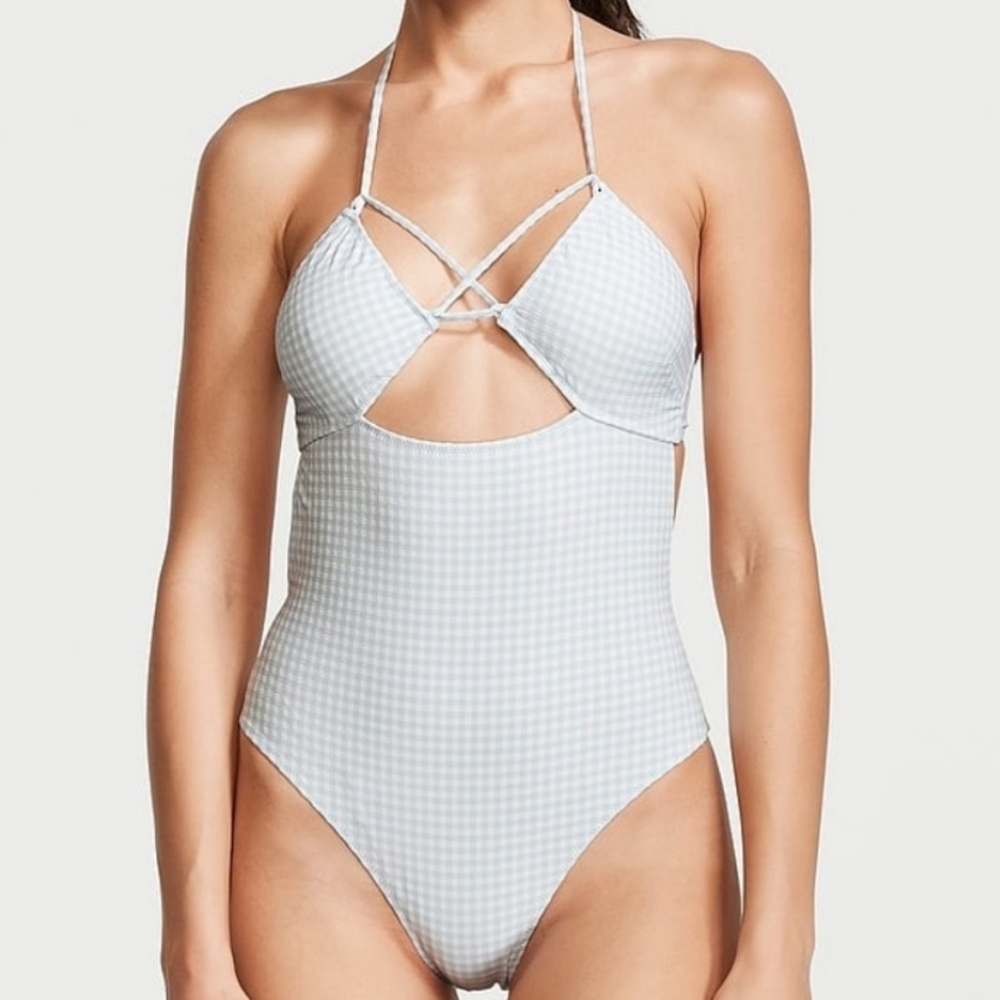Victoria's Secret Swim Gingham Cutout One-Piece Swimsuit Blue Size Large